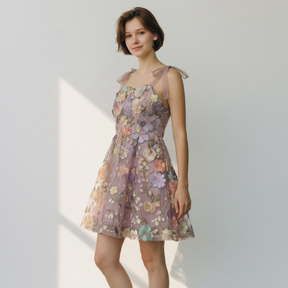 Floral Dress • Coquette Pastel Embroidered Mini • Cottagecore